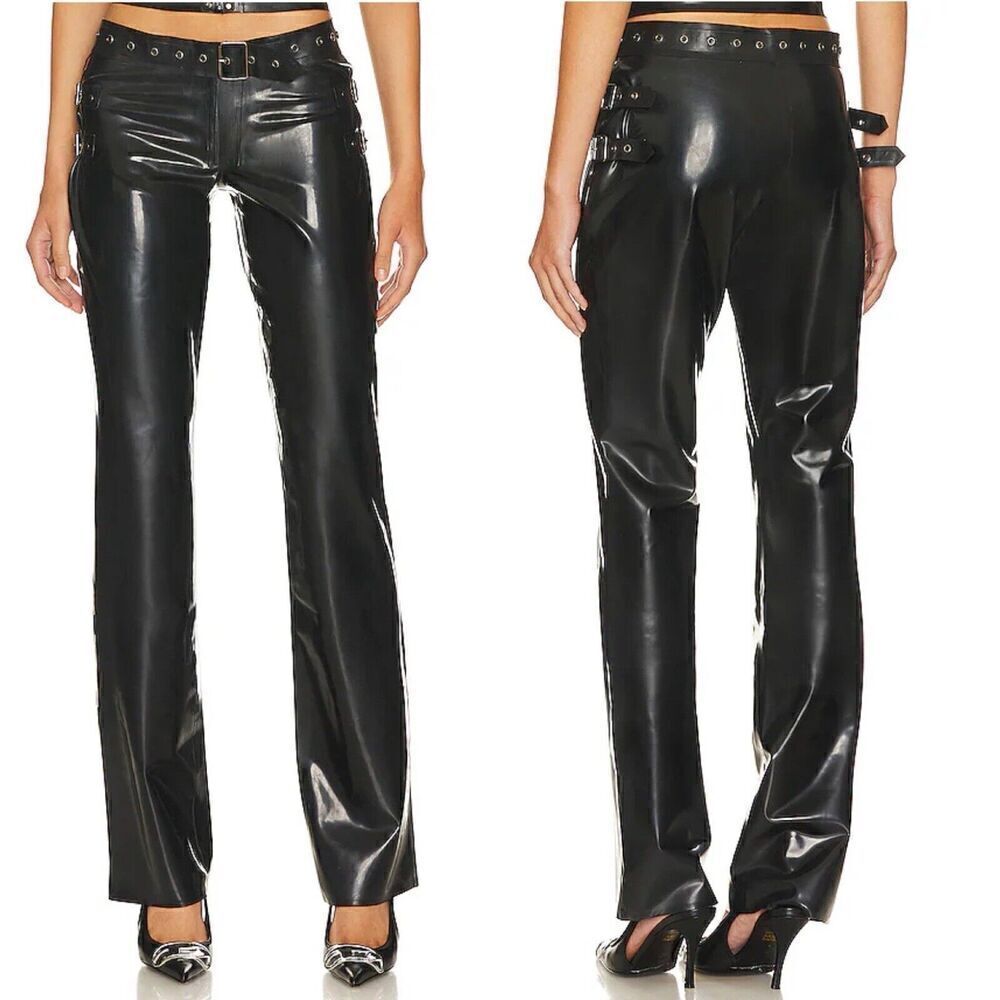 MIAOU Toni Black Latex Flares Buckle Cargo Pants Revolve Sz XXS NWT $450